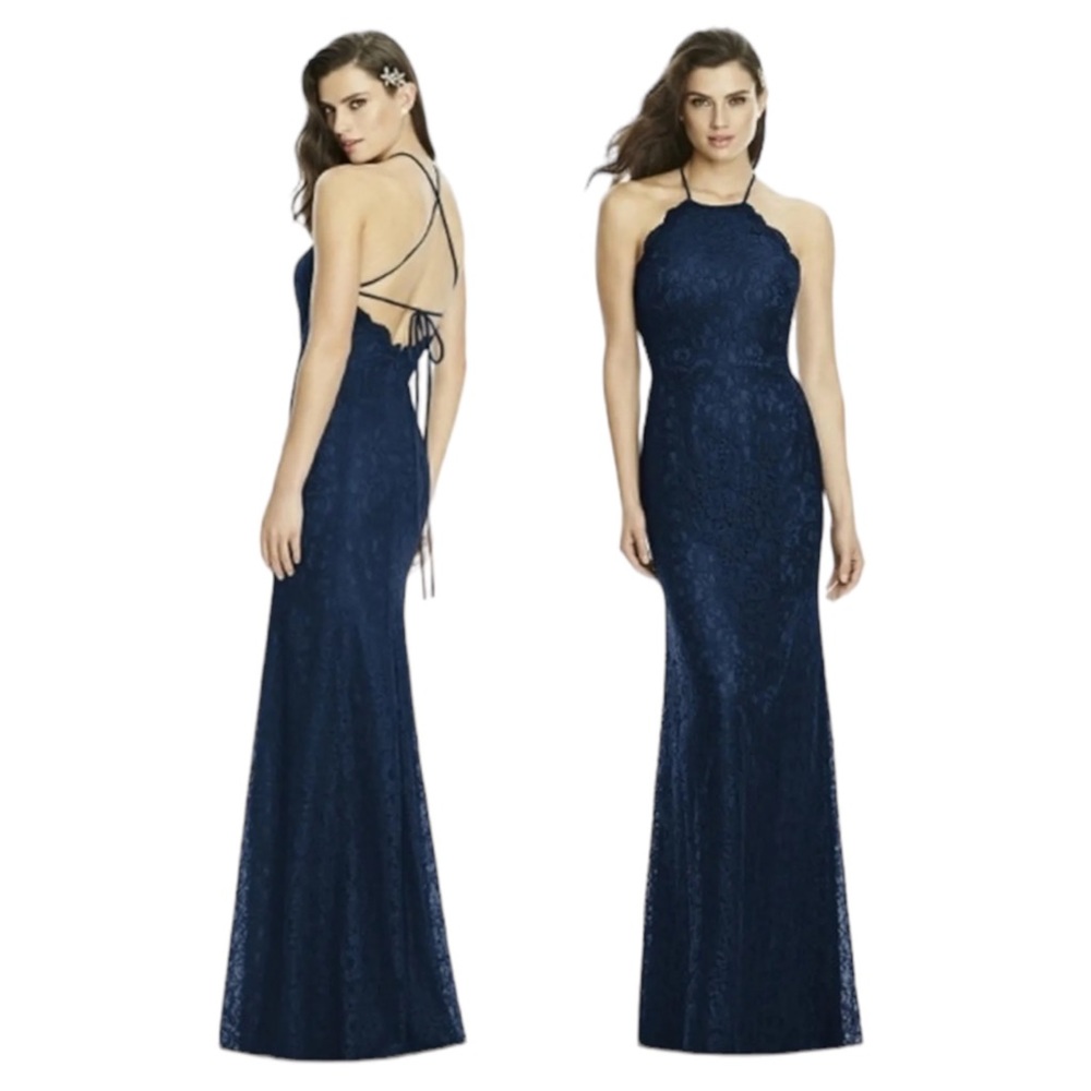 Dessy Collection Marque Lace Bridesmaid Dress Criss Cross Open Back Navy 16